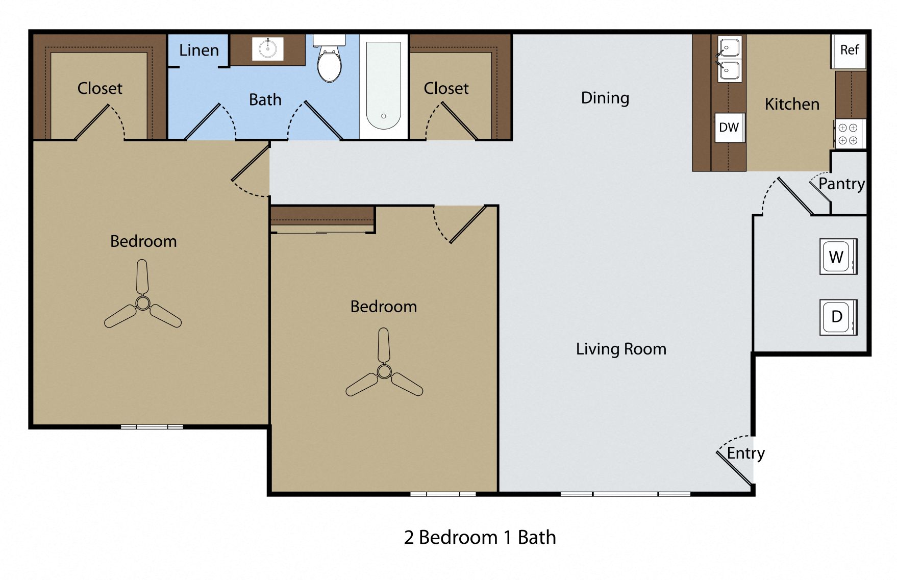 Floor plan for 2 beds, 1 bath, 900 sqft
